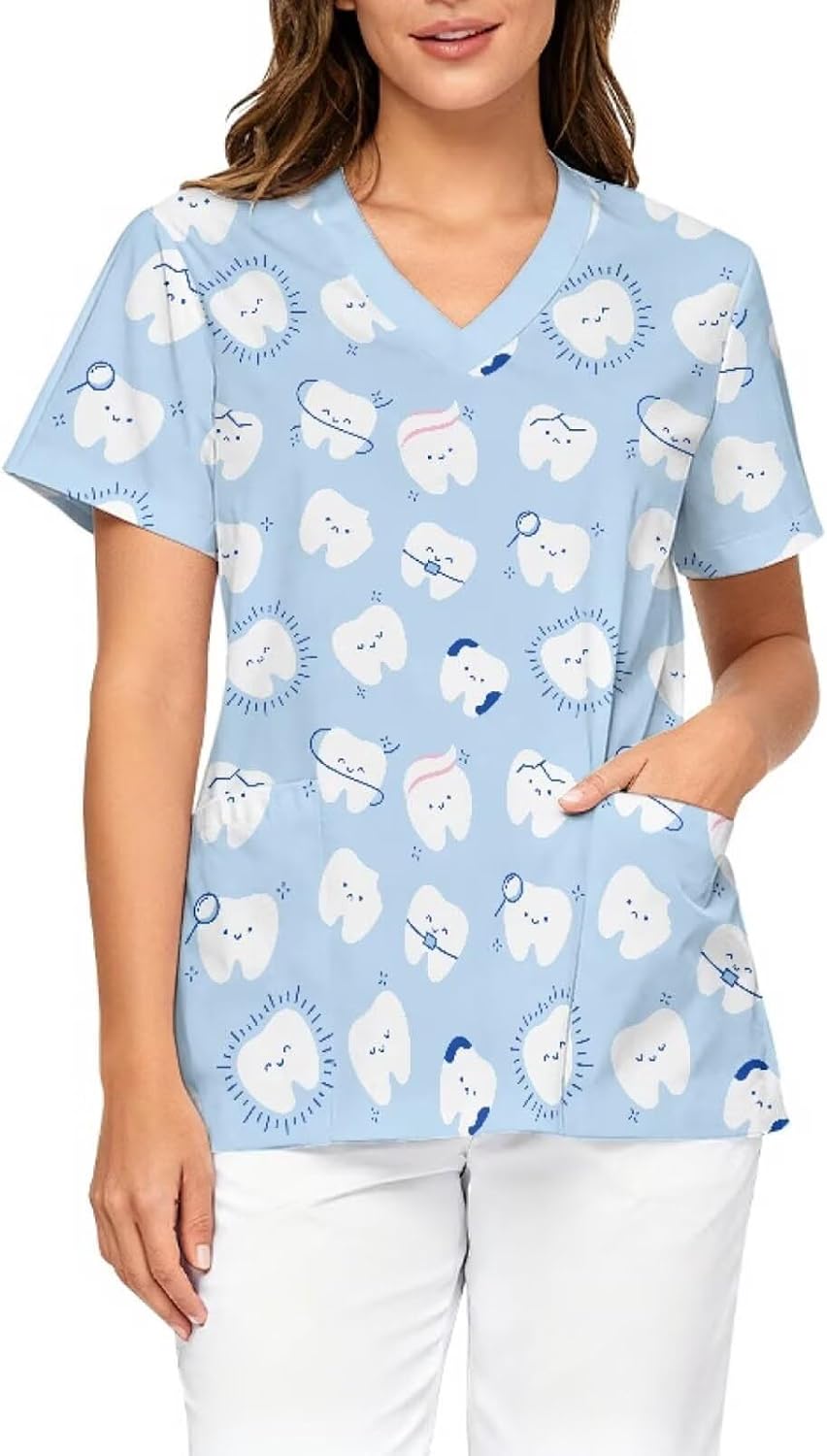 Printed Scrub Top for Women, V Neck Stretch Plus Size Work Uniform - Light Blue - Cute Teeth & Tools Oral Care Pattern