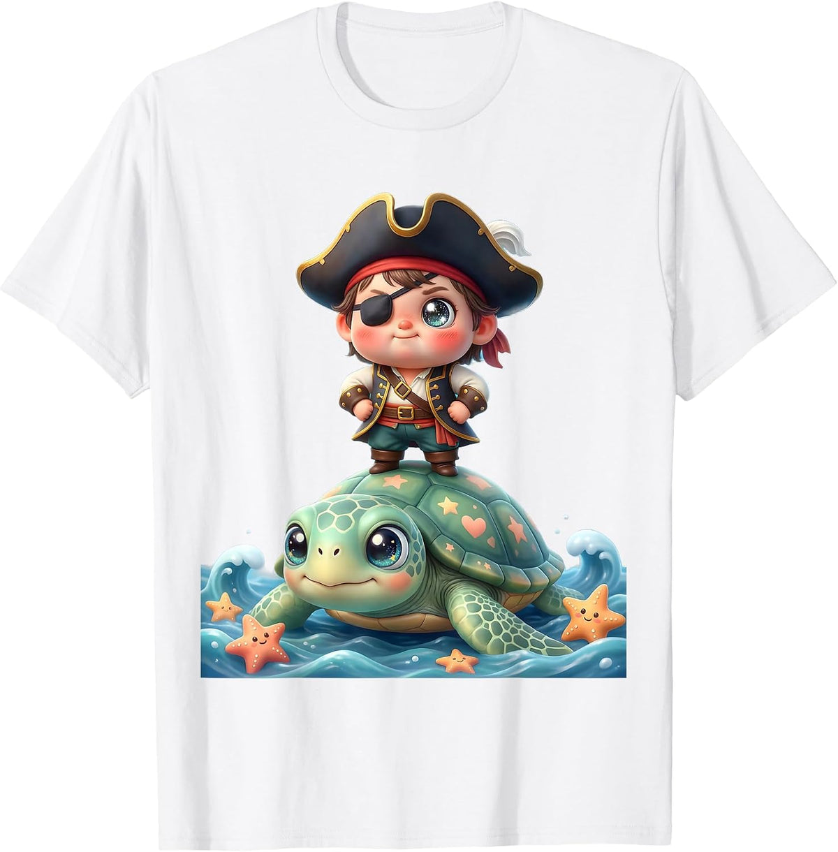 Young Pirate Riding a Giant Sea Turtle T-Shirt - White