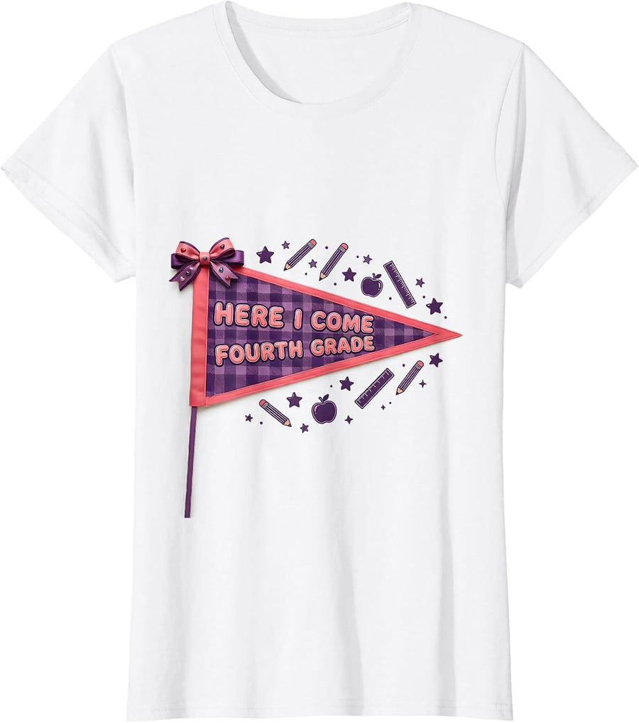 Women's Here I Come Fourth Grade Cute Kawaii Back To School Girl T-Shirt - White
