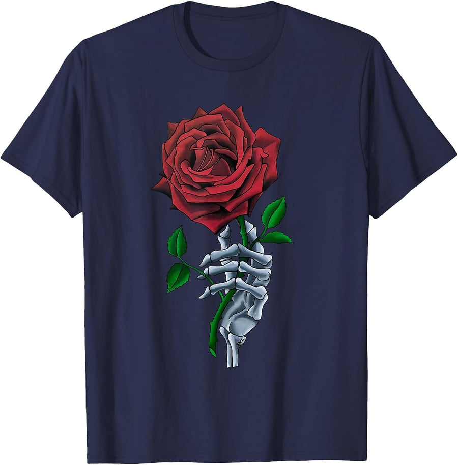 Skeleton Hand Holding Stem Flower Graphic Design Red Rose T-Shirt - Navy Blue