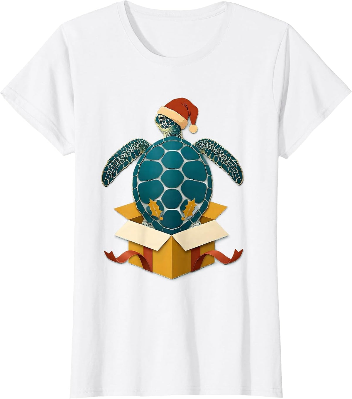 Women's Sea Turtle Santa Hat Paper Cutout Christmas Novelty T-Shirt - White
