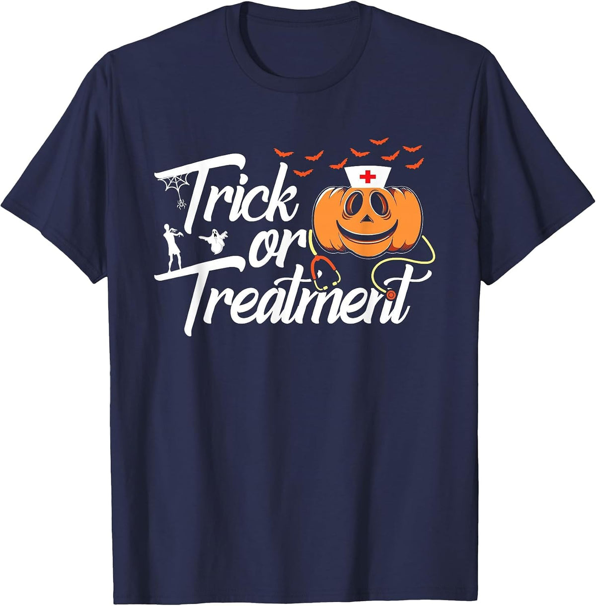 Trick Or Treatment Funny Medical Personnel Halloween Nurse T-Shirt - Navy Blue