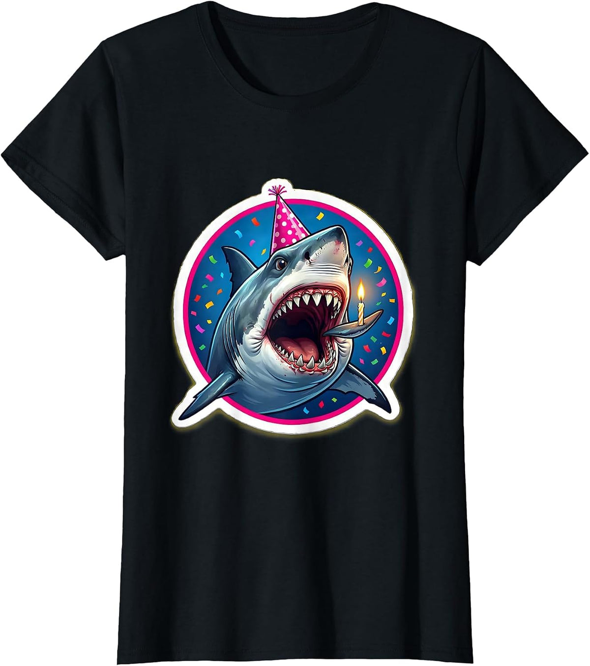 Funny Birthday Shark Blowing Out Candle T-Shirt - Black