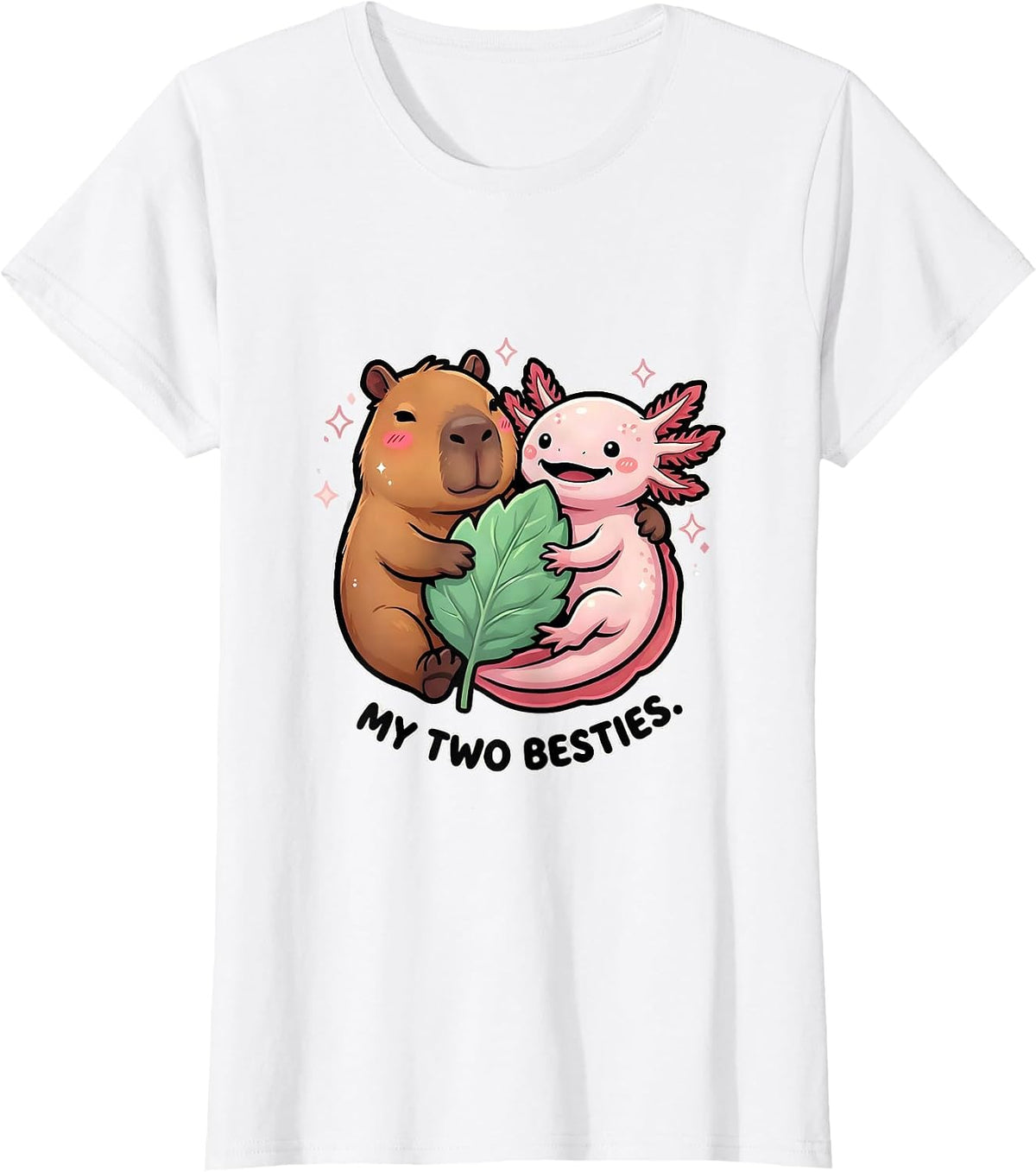 Women's My Two Besties Cute Kawaii Capybara Axolotl Animal Lover T-Shirt - White