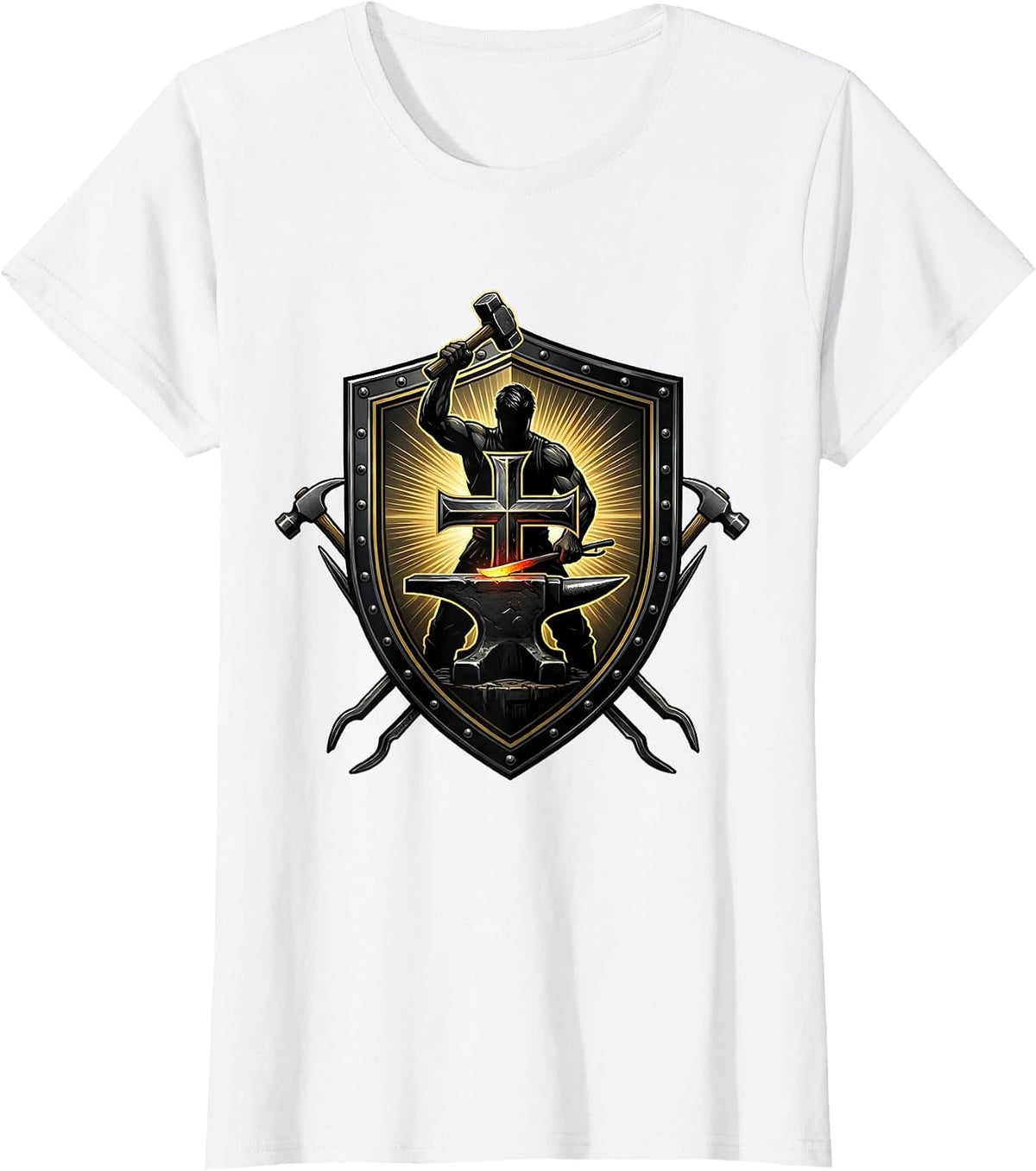 Blacksmith Iron Cross Anvil Christian Graphic T-Shirt - White