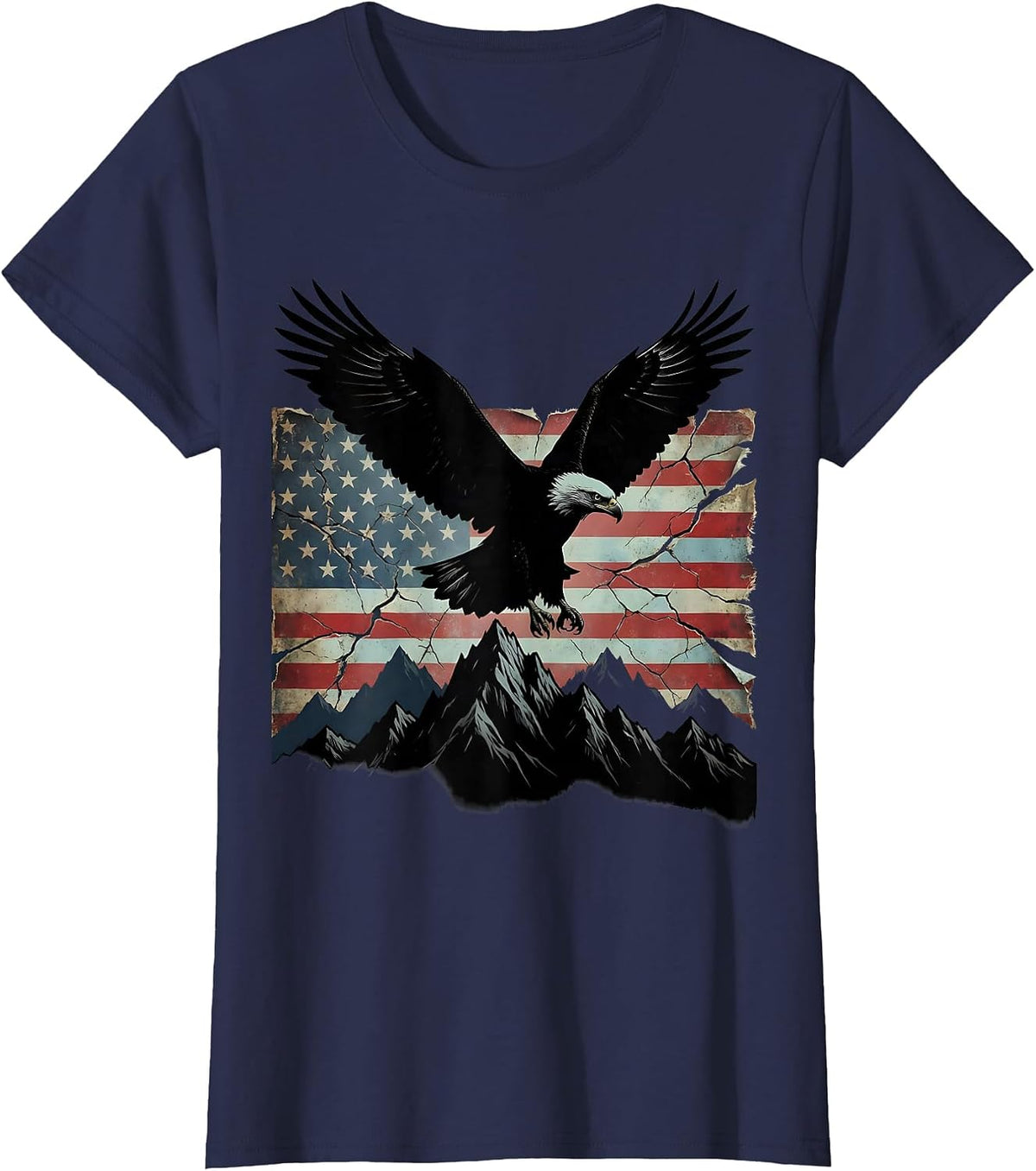 Women's Bald Eagle Soaring Over Mountain Peaks T-Shirt - Navy Blue