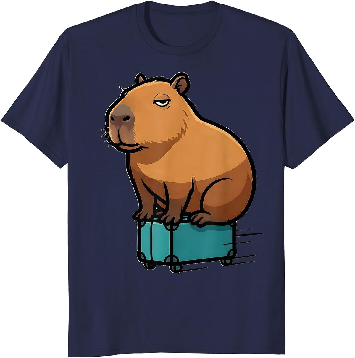Capybara Riding Suitcase Cartoon Funny Animal Humor T-Shirt - Navy Blue