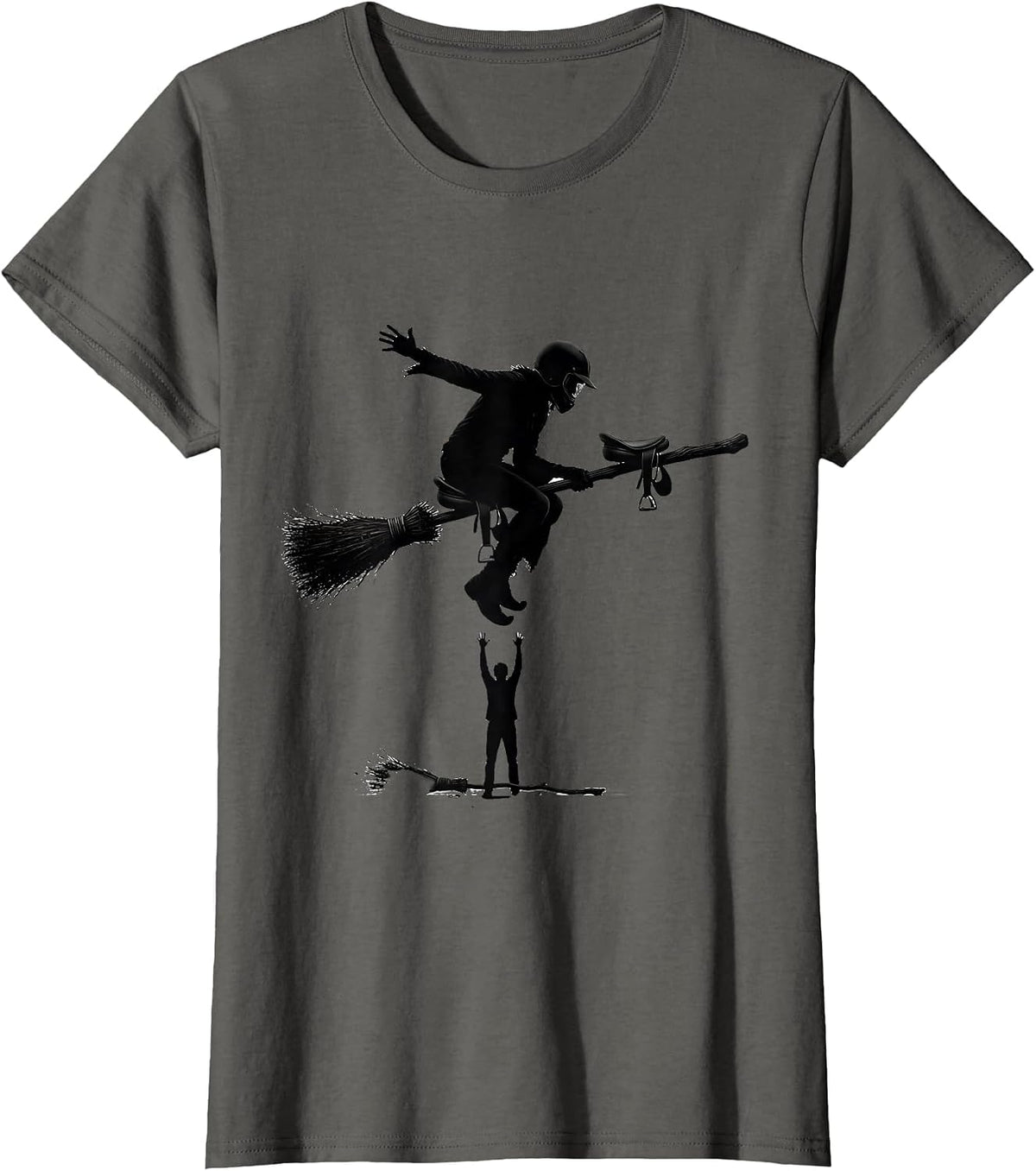 Women's Flying Broom Firefighter Halloween Occupation Humor T-Shirt - Asphalt Grey