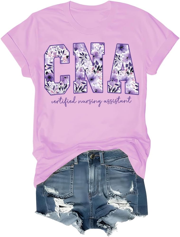 Floral CNA Shirt Nurse CNA Shirts for Women V Neck Tshirt - Crewneck 2-pink