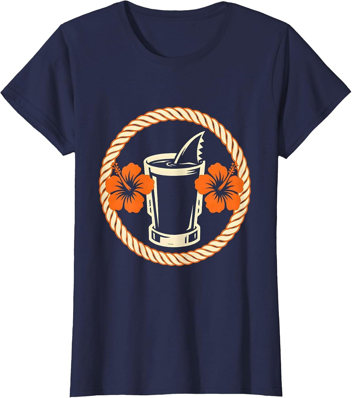 Women's Tropical Cocktail Shark Fin Hawaiian Design T-Shirt - Navy Blue