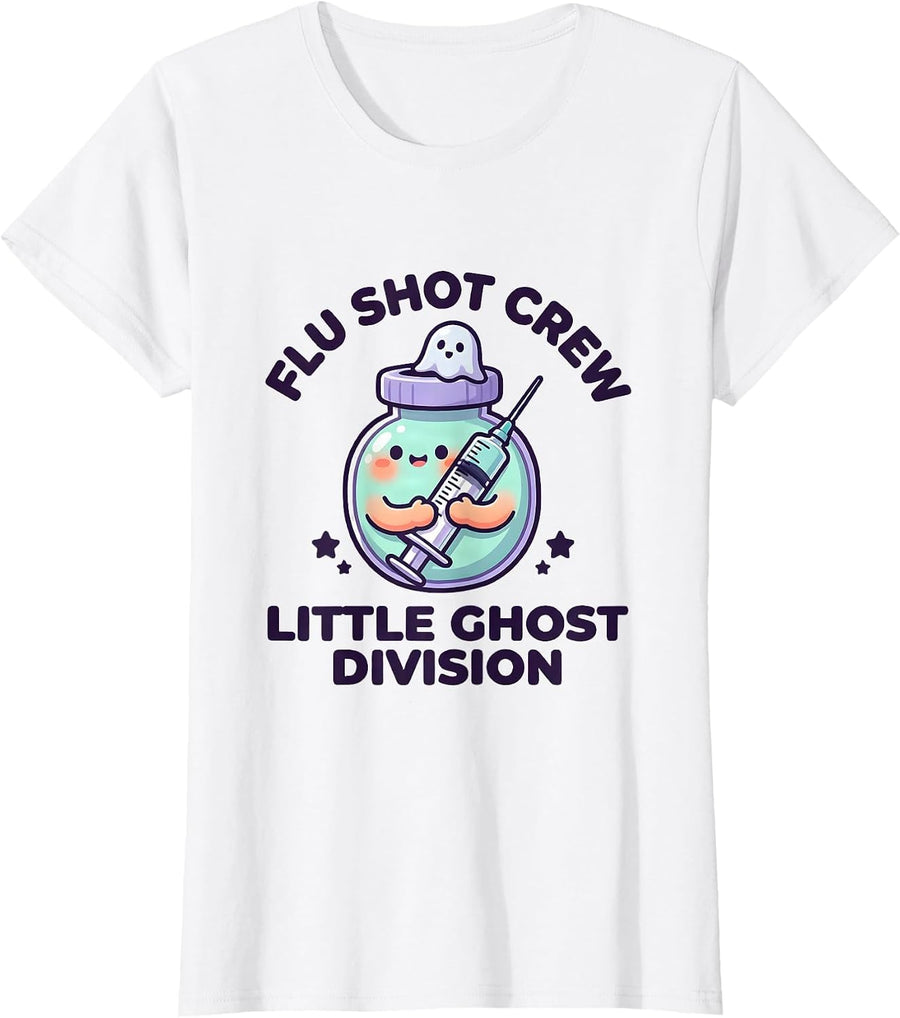 Women's Flu Shot Crew Little Ghost Division Cute Nurse Halloween T-Shirt - White