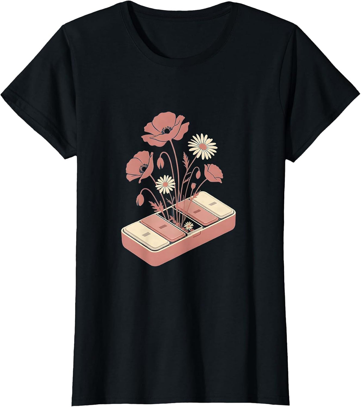 Wildflower Pill Organizer Floral Illustration T-Shirt - Black
