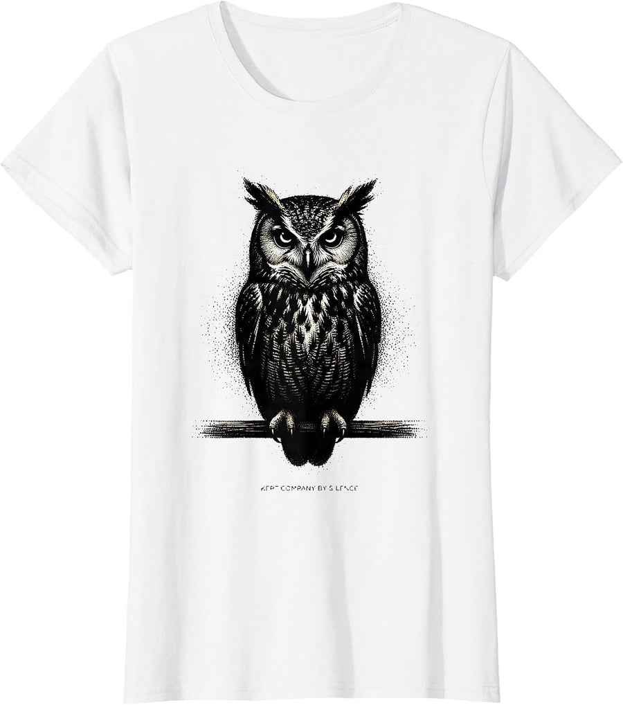 Women's Kept Company By Silence Funny Owl Lover Birdwatcher Humor T-Shirt - White