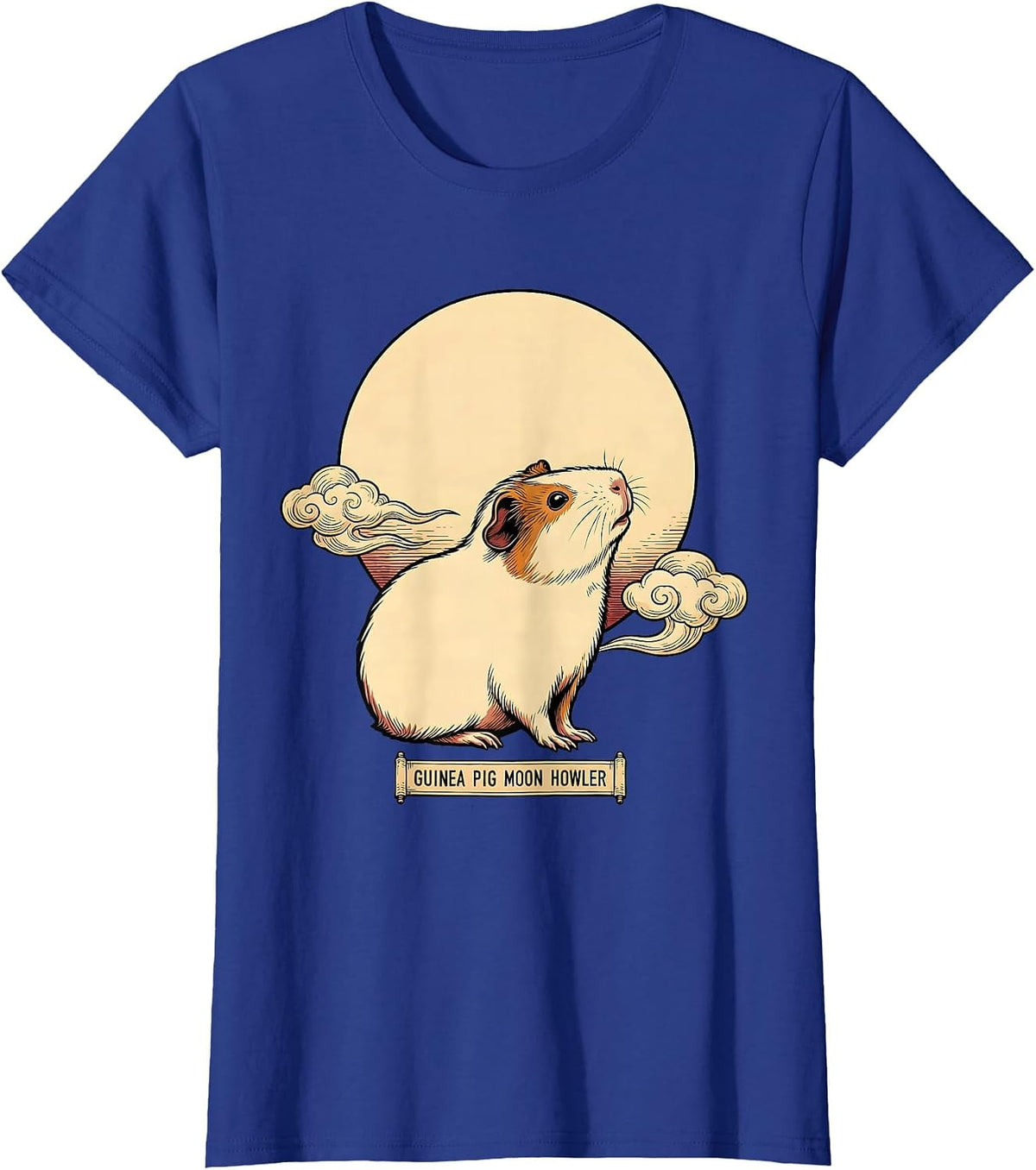Women's Guinea Pig Moon Howler Ukiyo-e Funny Small Pet Meme T-Shirt - Royal Blue