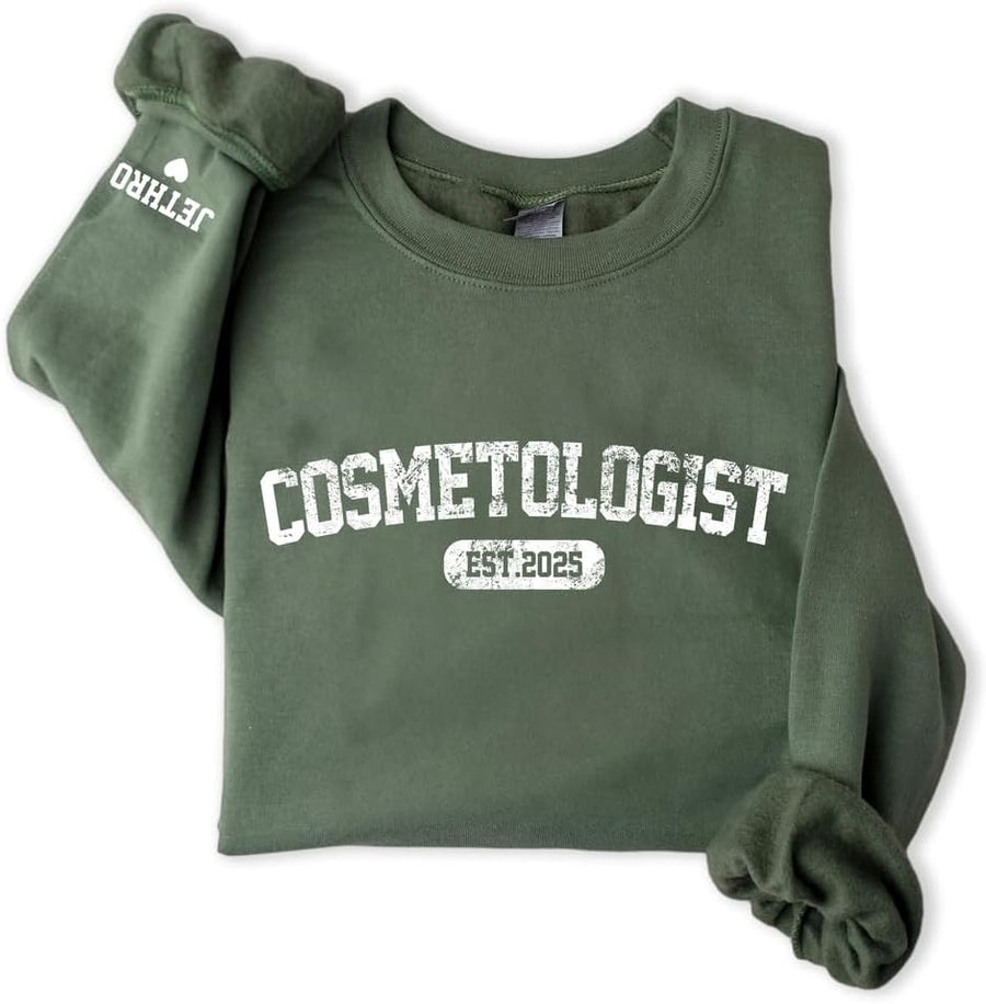 Cosmetologist Sweatshirt with Name, EST. 2025 Personalized Graduation Gift, Beauty Professional Crewneck for Hair & Makeup