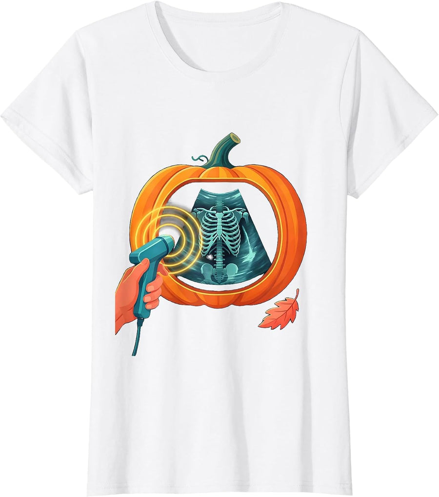 Women's Ultrasound Tech Halloween Radiology Tech Pumpkin Scan T-Shirt - White