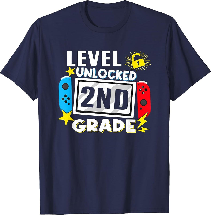 First Day of 2nd Grade Level Unlocked Game Back to School T-Shirt - Navy Blue