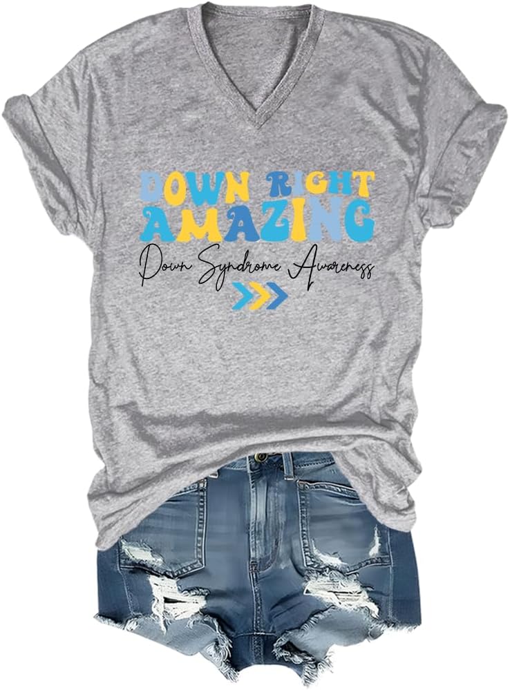 Down Right Amazing Shirt Down Syndrome Awareness Shirt V-Neck - Gray
