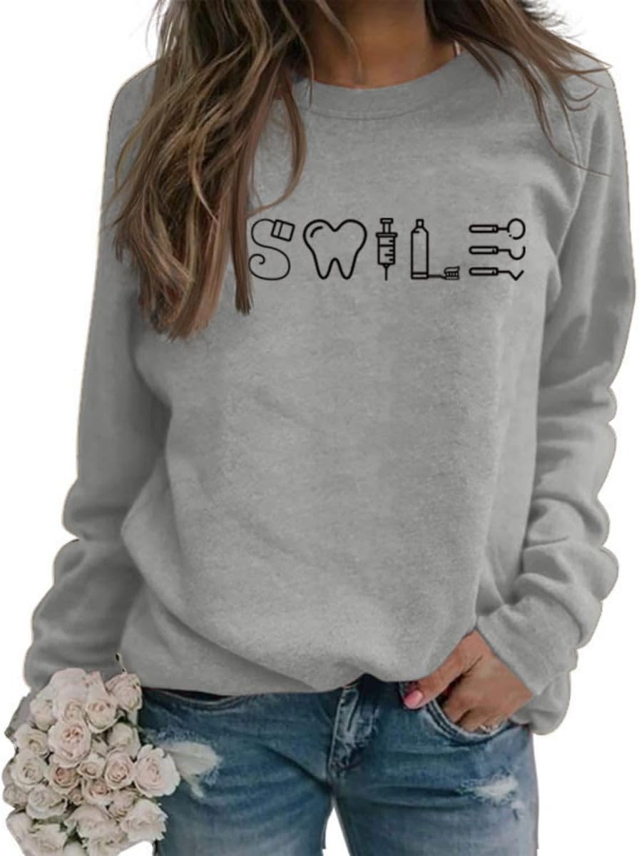 Smile Teeth Sweatshirt for Women Dentist Crewneck Sweatshirt Smile Dental Long Sleeve Shirt Dental Student Shirt - Gray