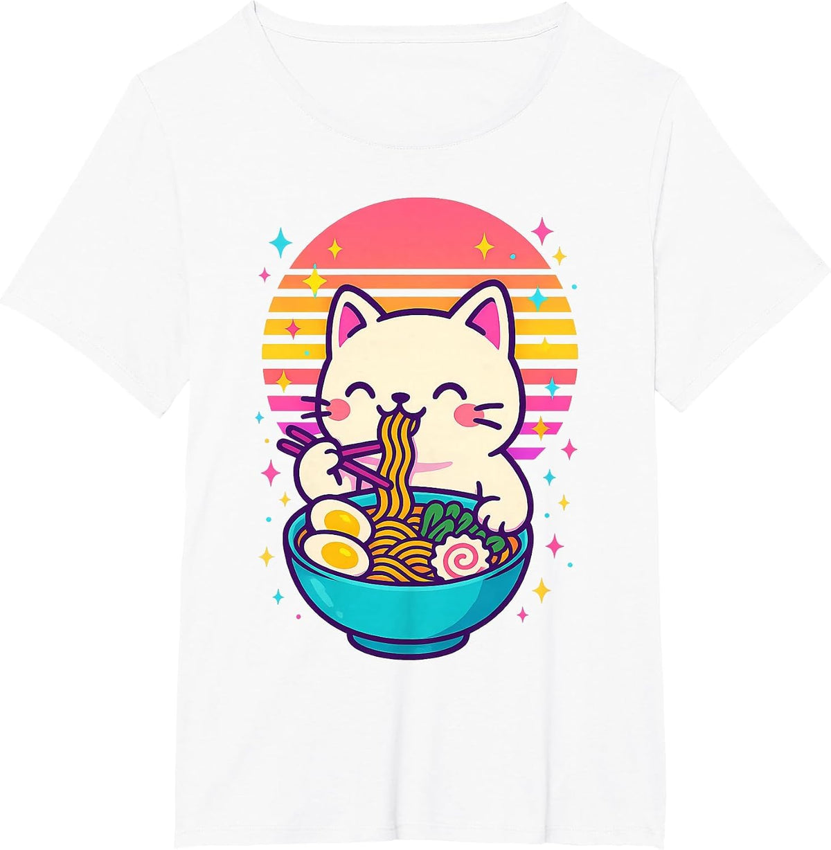 Anime Cat Eating Ramen Japanese T-Shirt - White