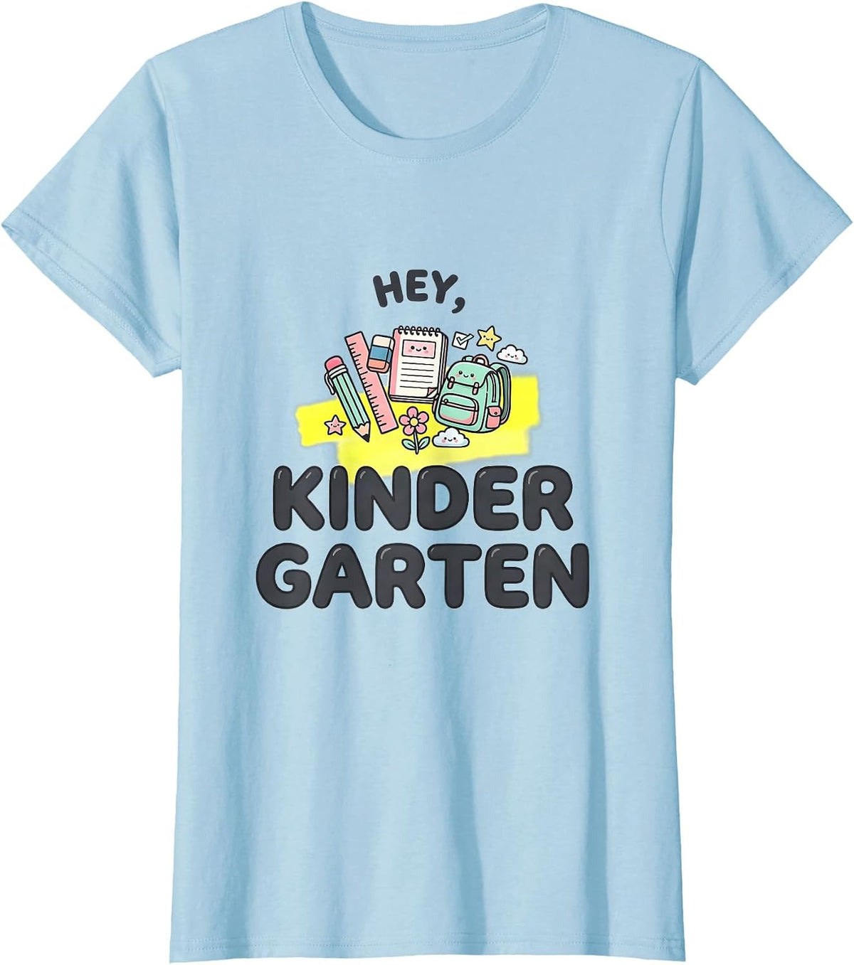 Women's Hey, Kindergarten Kawaii Doodle Back To School Teacher Kids T-Shirt - Baby Blue