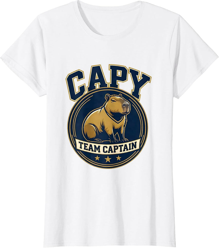 Women's Capy Team Captain Funny Capybara Meme Animal Lover Humor T-Shirt - White