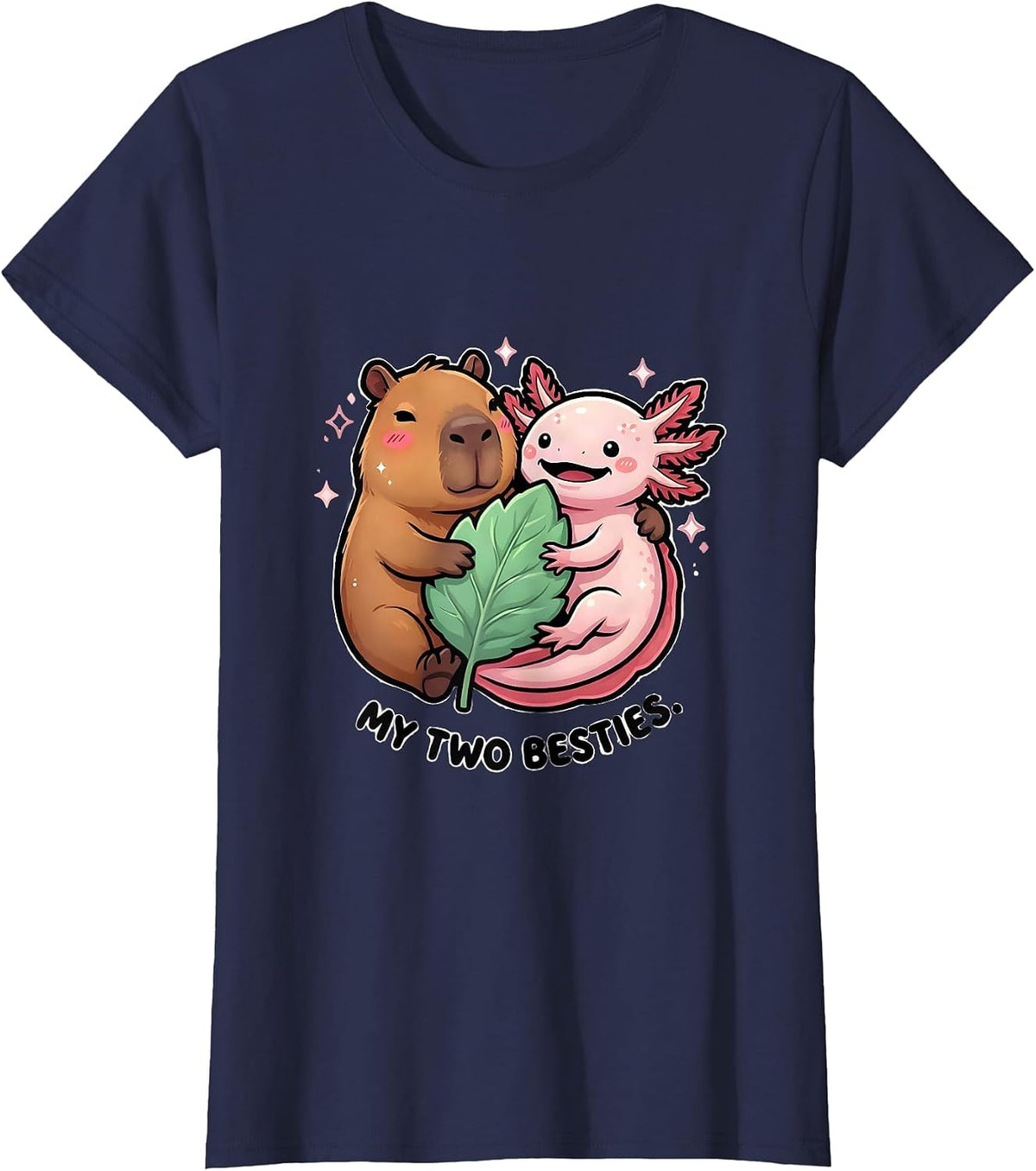 Women's My Two Besties Cute Kawaii Capybara Axolotl Animal Lover T-Shirt - Navy Blue