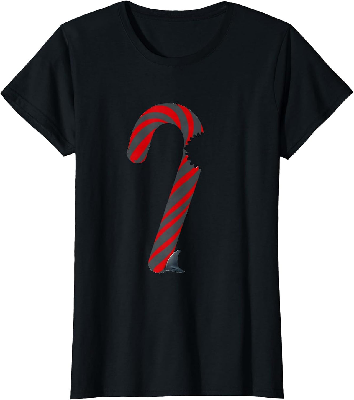 Women's Stripped Candy Cane Shark Minimalist Holiday Humor T-Shirt - Black