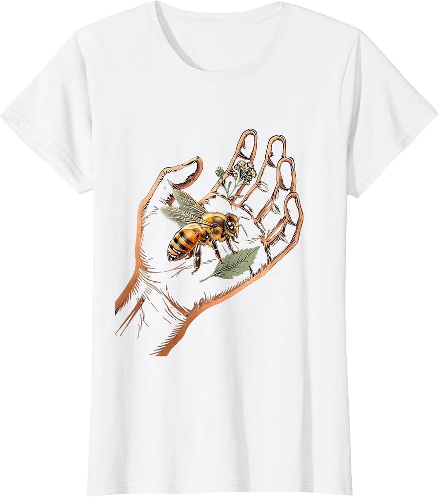 Women's Be Kind Bee Landing on Open Palm Illustration T-Shirt - White