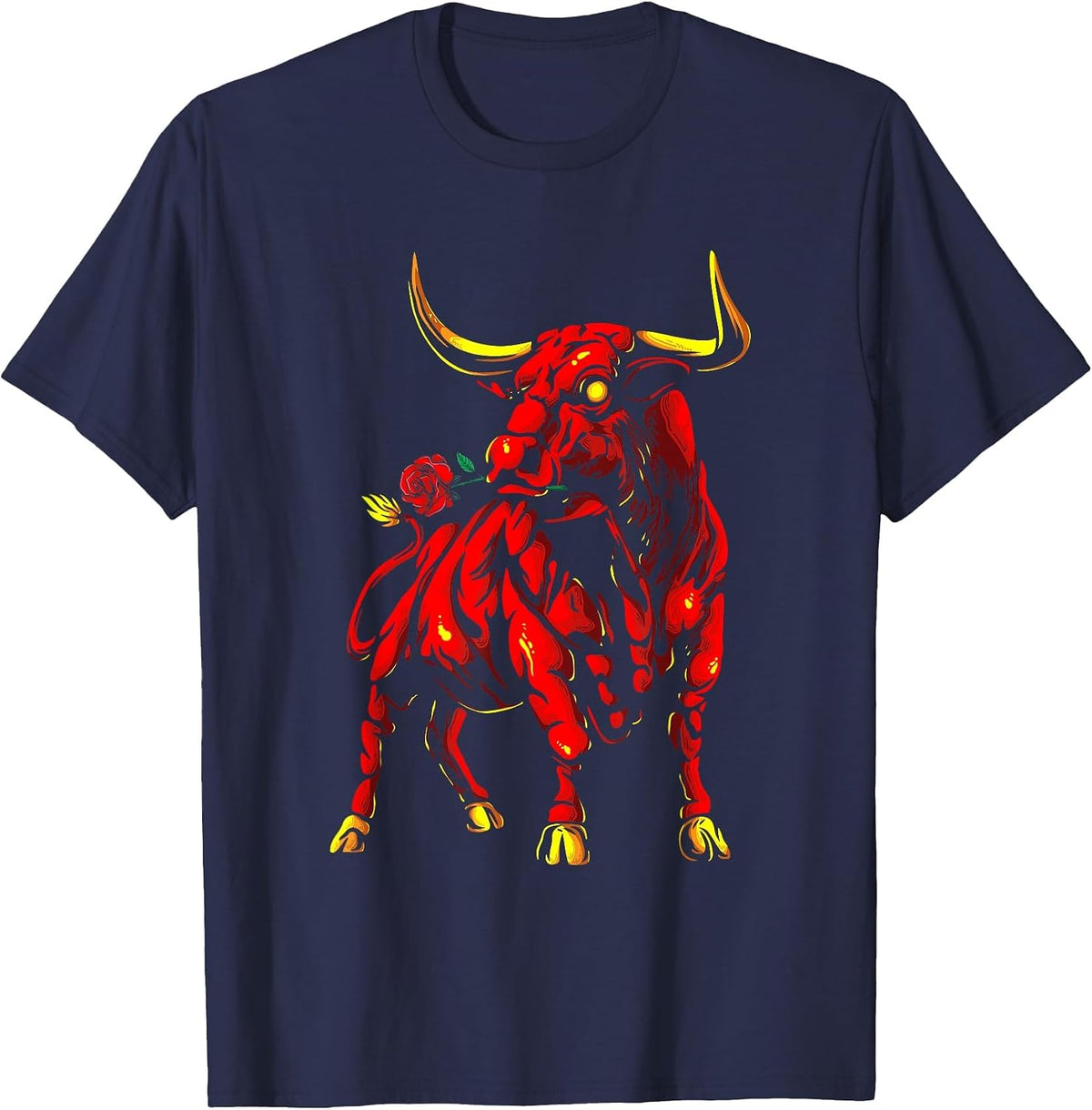 Bull with Rose | Spanish Bullfighting | Bull Riding T-Shirt - Navy Blue