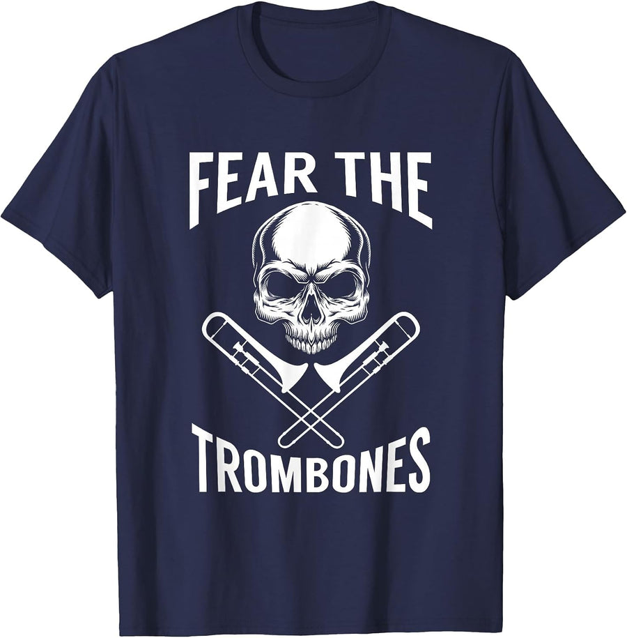 Trombone Shirt - Fear The Trombones Skull Crossbones T-Shirt - Navy Blue