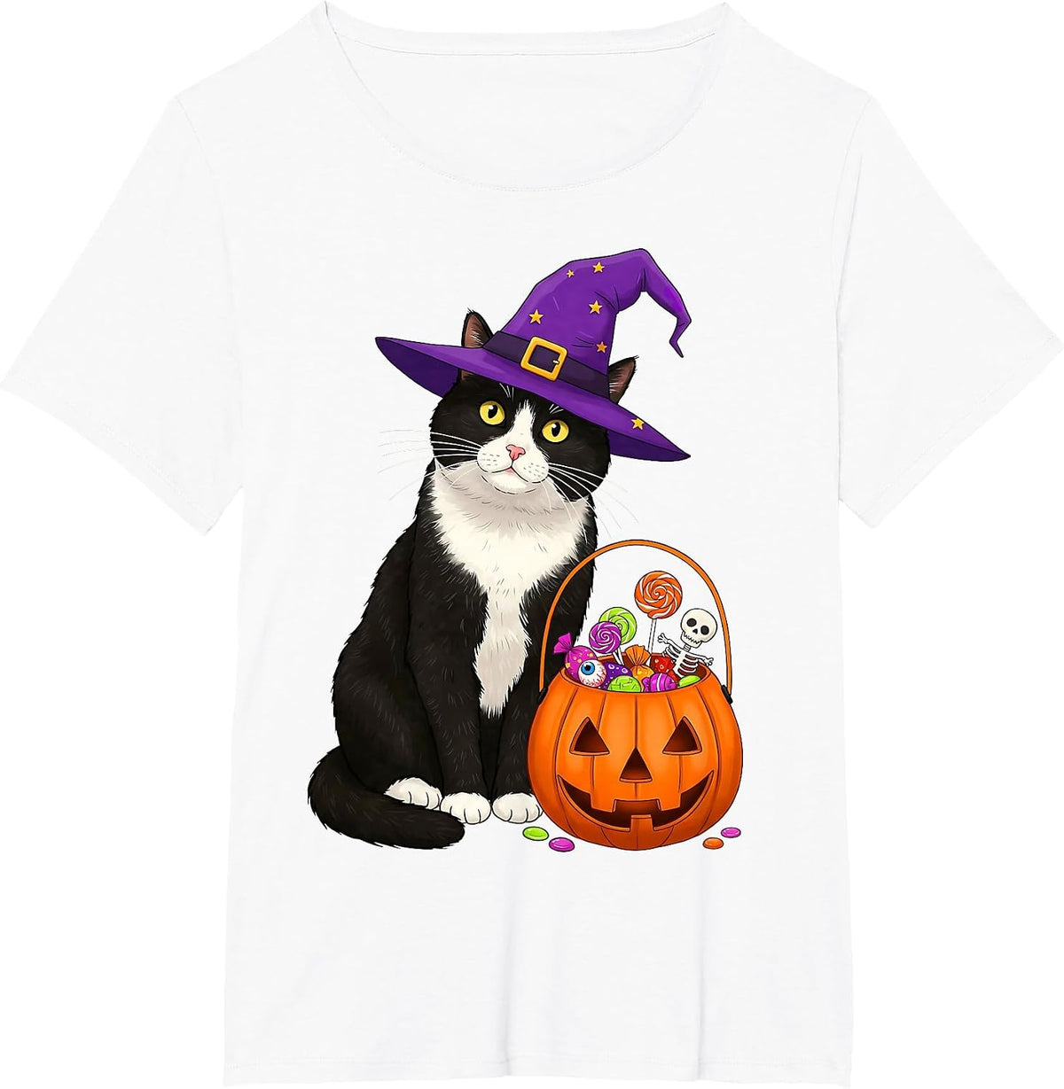 Tuxedo Witch Cat & Halloween Candy Basket for Men Women Kids T-Shirt - White