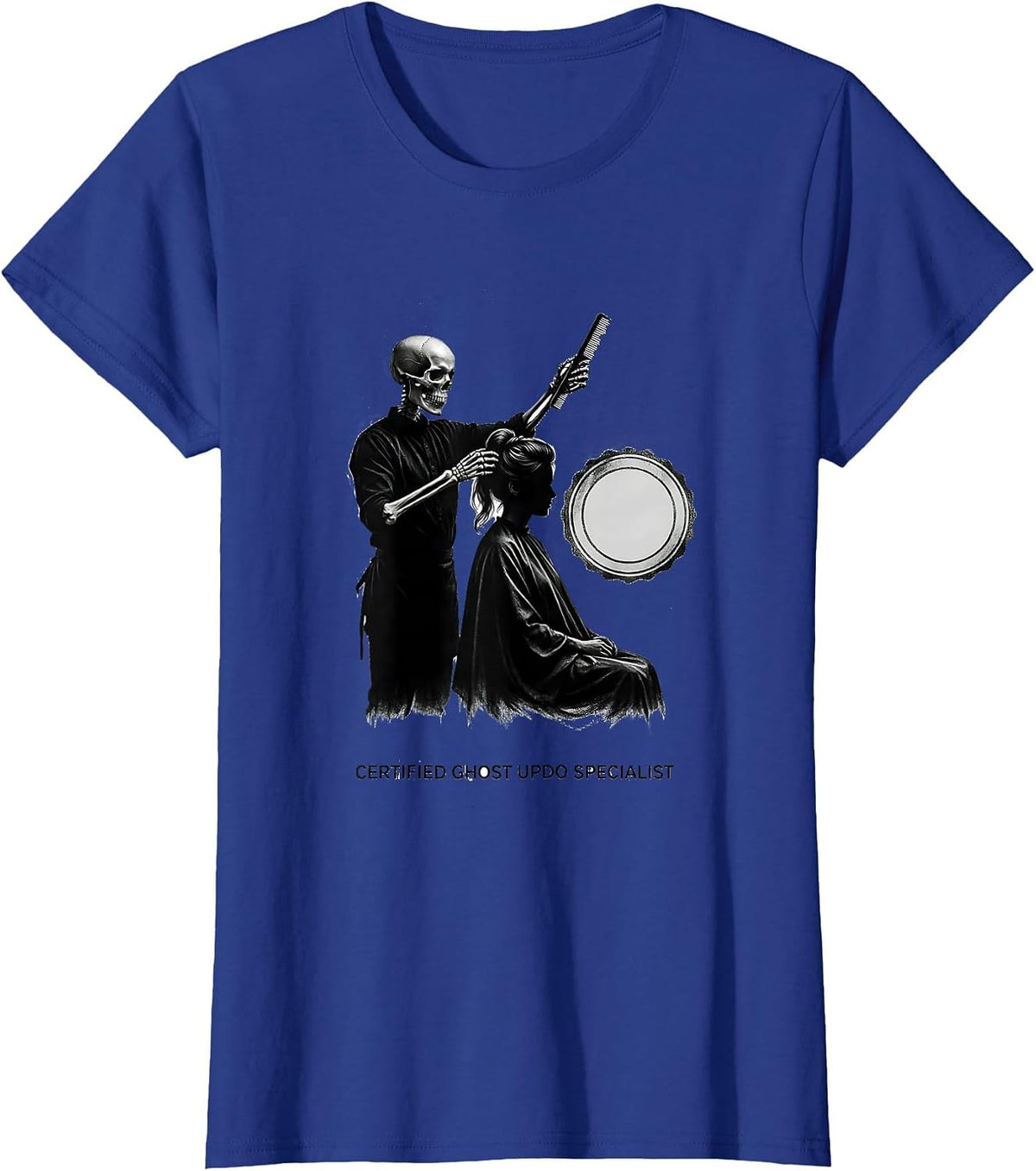 Women's Certified Ghost Updo Specialist Minimalist Skeleton T-Shirt - Royal Blue