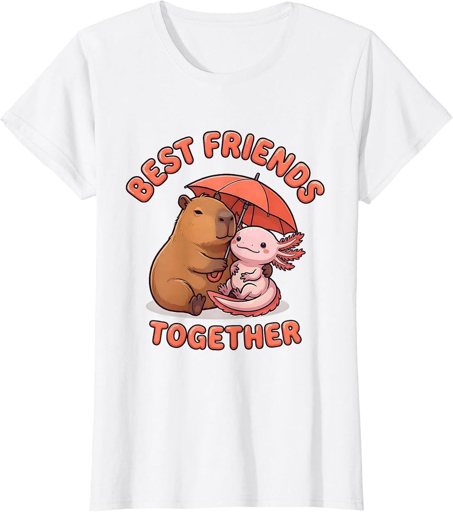 Women's Best Friends Together Cute Kawaii Capybara Axolotl Animal T-Shirt - White