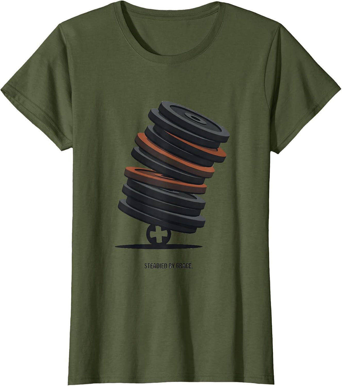 Women's Steadied By Grace Funny Christian Gym Weightlifter Scripture T-Shirt - Olive Green