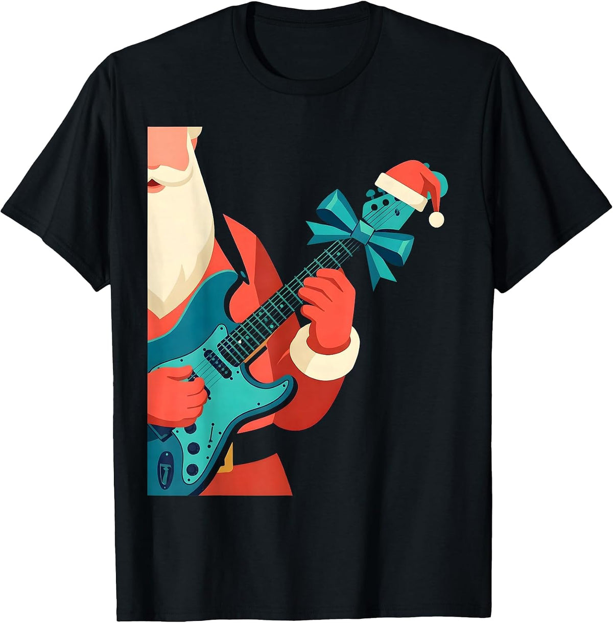 Men's Cropped Santa Rock Guitar Flat Vector Musician Gift T-Shirt - Black