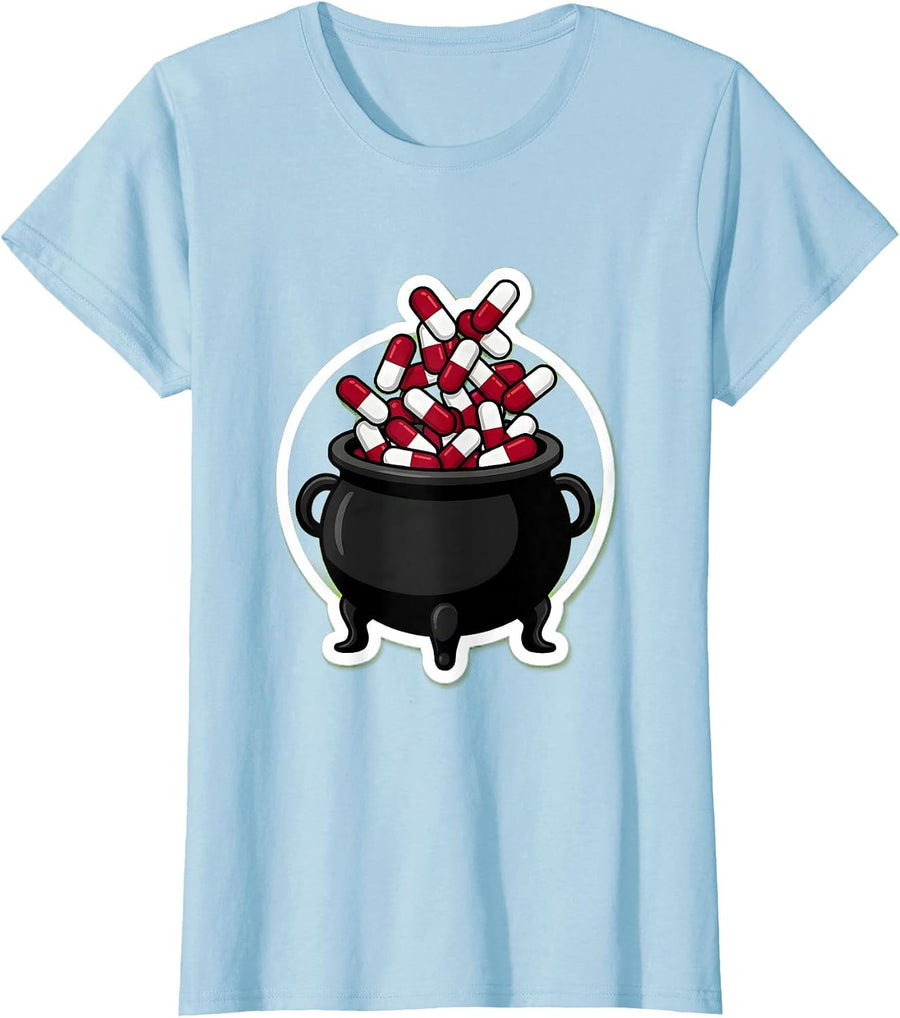 Women's Nurse Halloween Witch Cauldron Pill Potion Design T-Shirt - Baby Blue