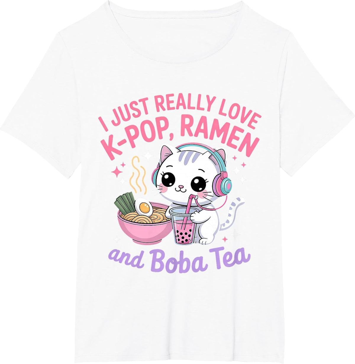 I Just Really Love K-Pop Ramen and Boba Tea Cat T-Shirt - White
