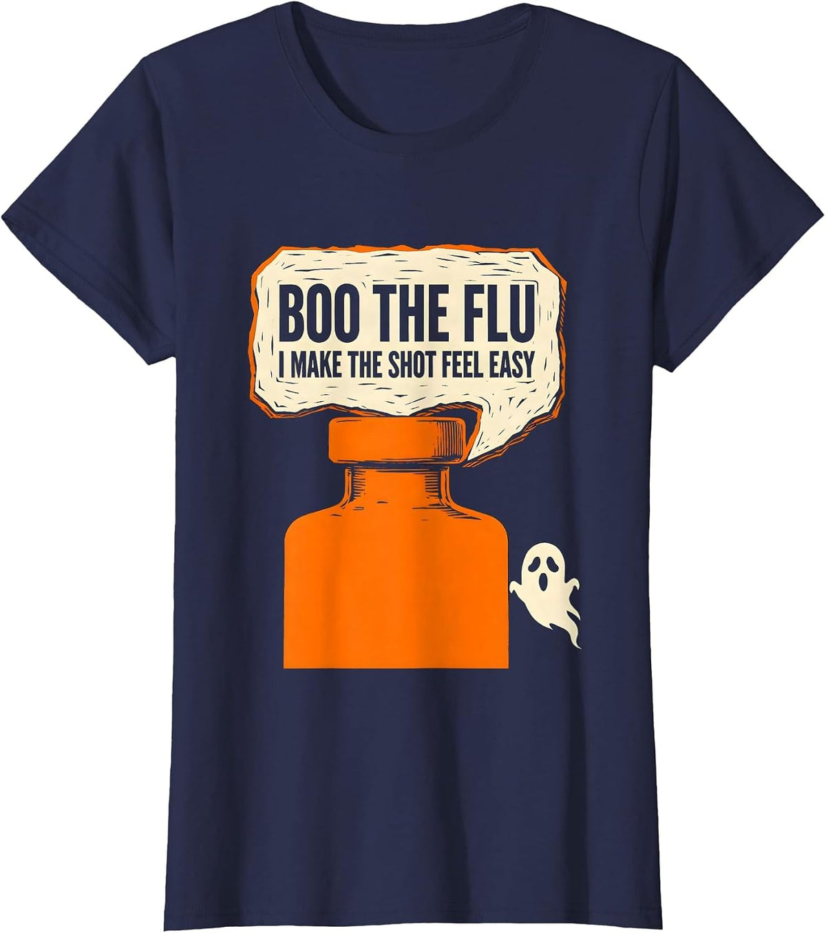 Women's Boo the Flu I Make the Shot Feel Easy Funny Nurse Halloween T-Shirt - Navy Blue