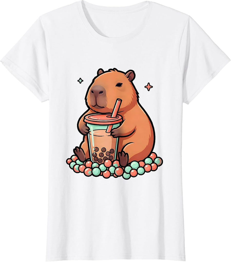 Women's Cute Capybara Boba Tea Kawaii Anime Girl T-Shirt - White