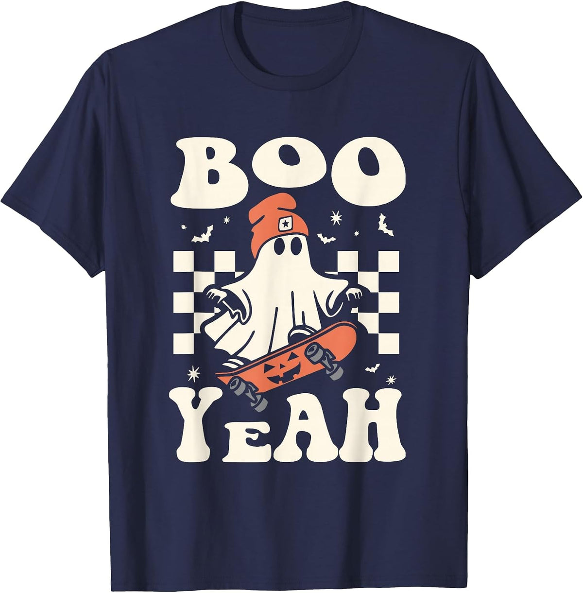 Boo Yeah Halloween Ghost Boys Retro Skateboard Toddler Kids T-Shirt - Navy Blue