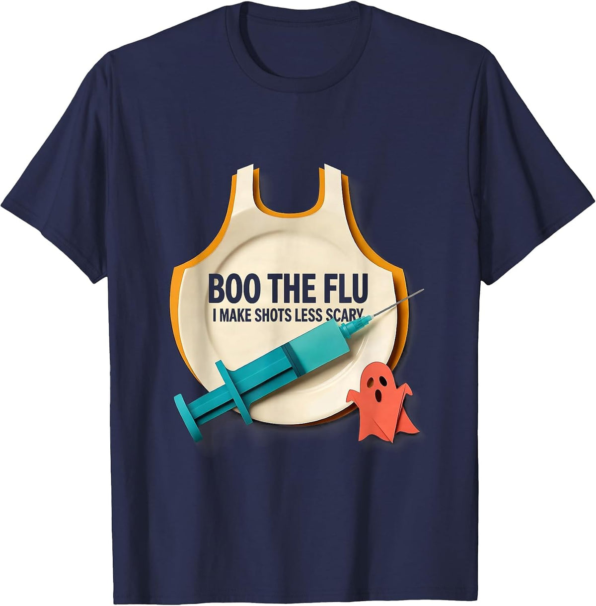 Men's Boo the Flu I Make Shots Less Scary Funny Nurse Halloween T-Shirt - Navy Blue