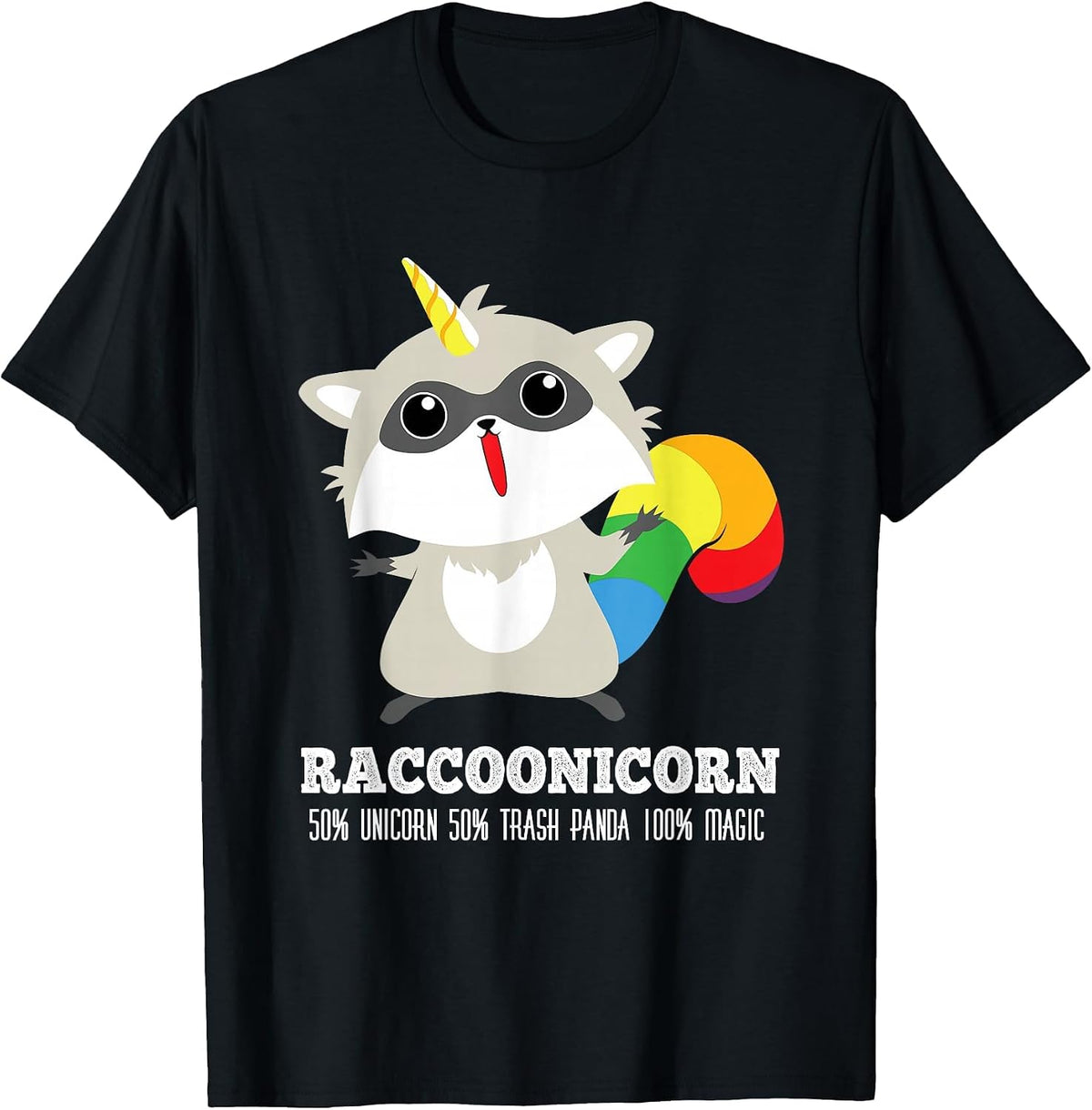 Racoonicorn Funny Trash Panda Raccoon with Unicorn Horn T-Shirt - Black