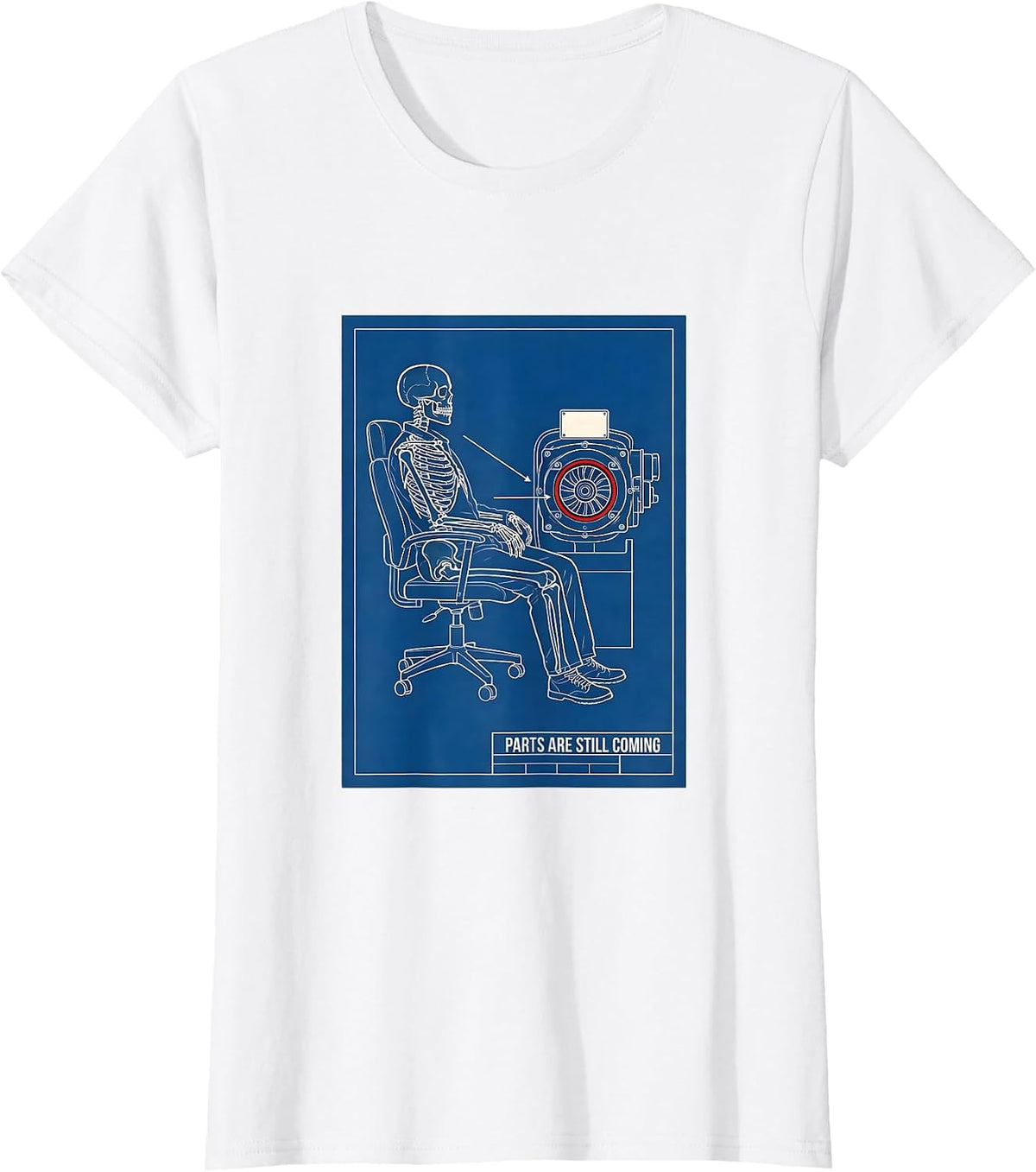 Women's PARTS ARE STILL COMING Technical Blueprint Mechanic Skeleton T-Shirt - White