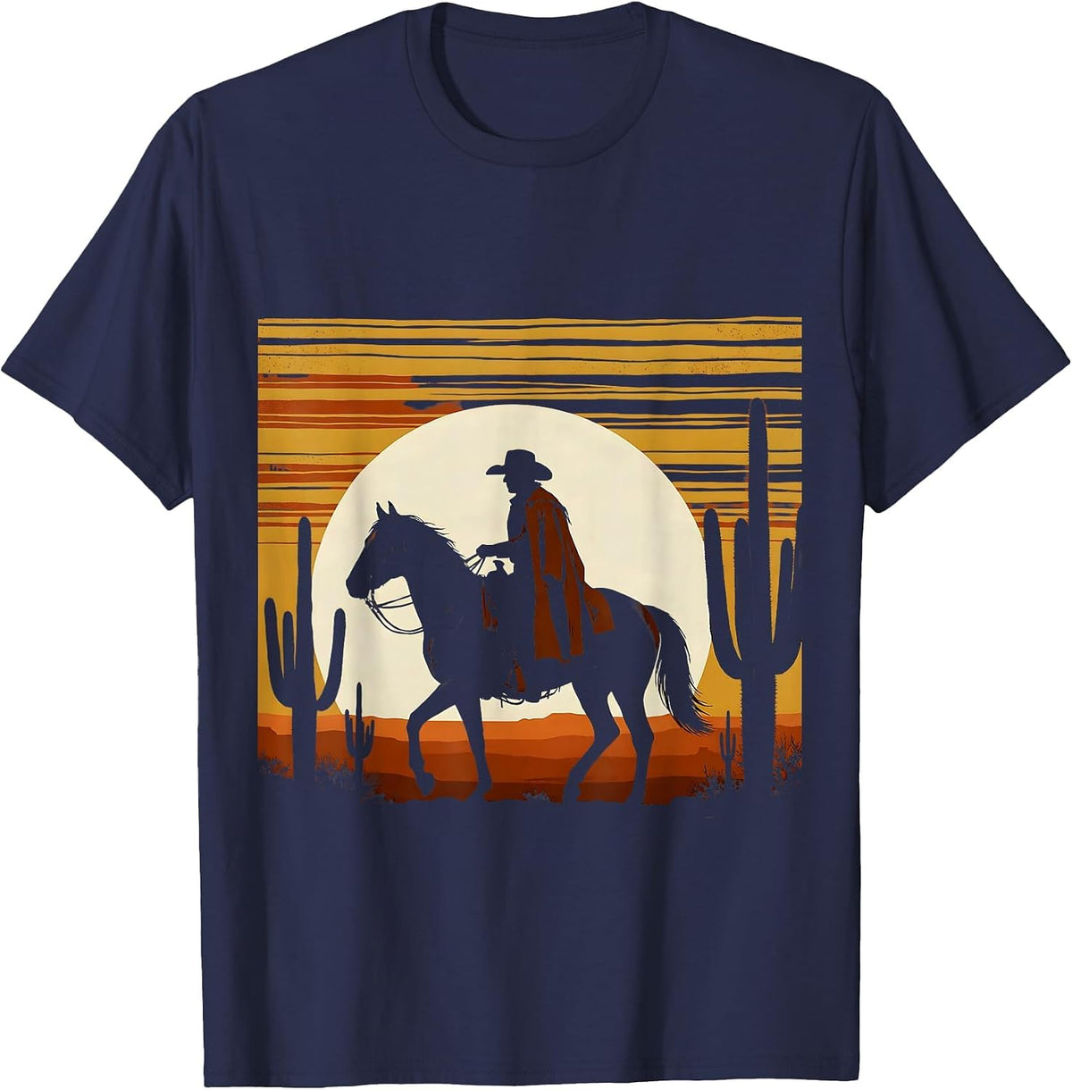 Cowboy Silhouette Riding Into Desert Sunset T-Shirt - Navy Blue
