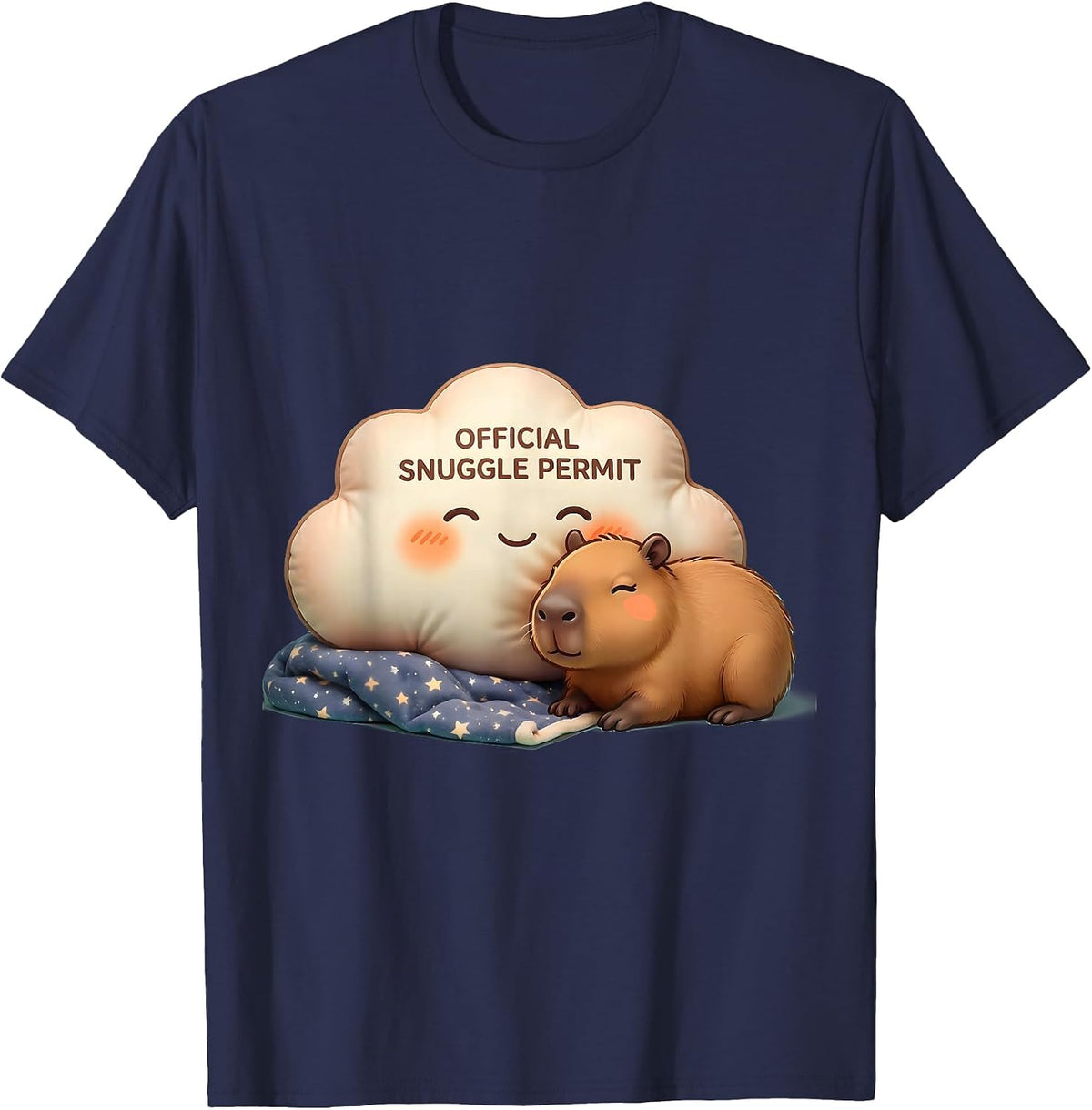 Official Snuggle Permit Cute Kawaii Capybara Sleepy Pajama T-Shirt - Navy Blue