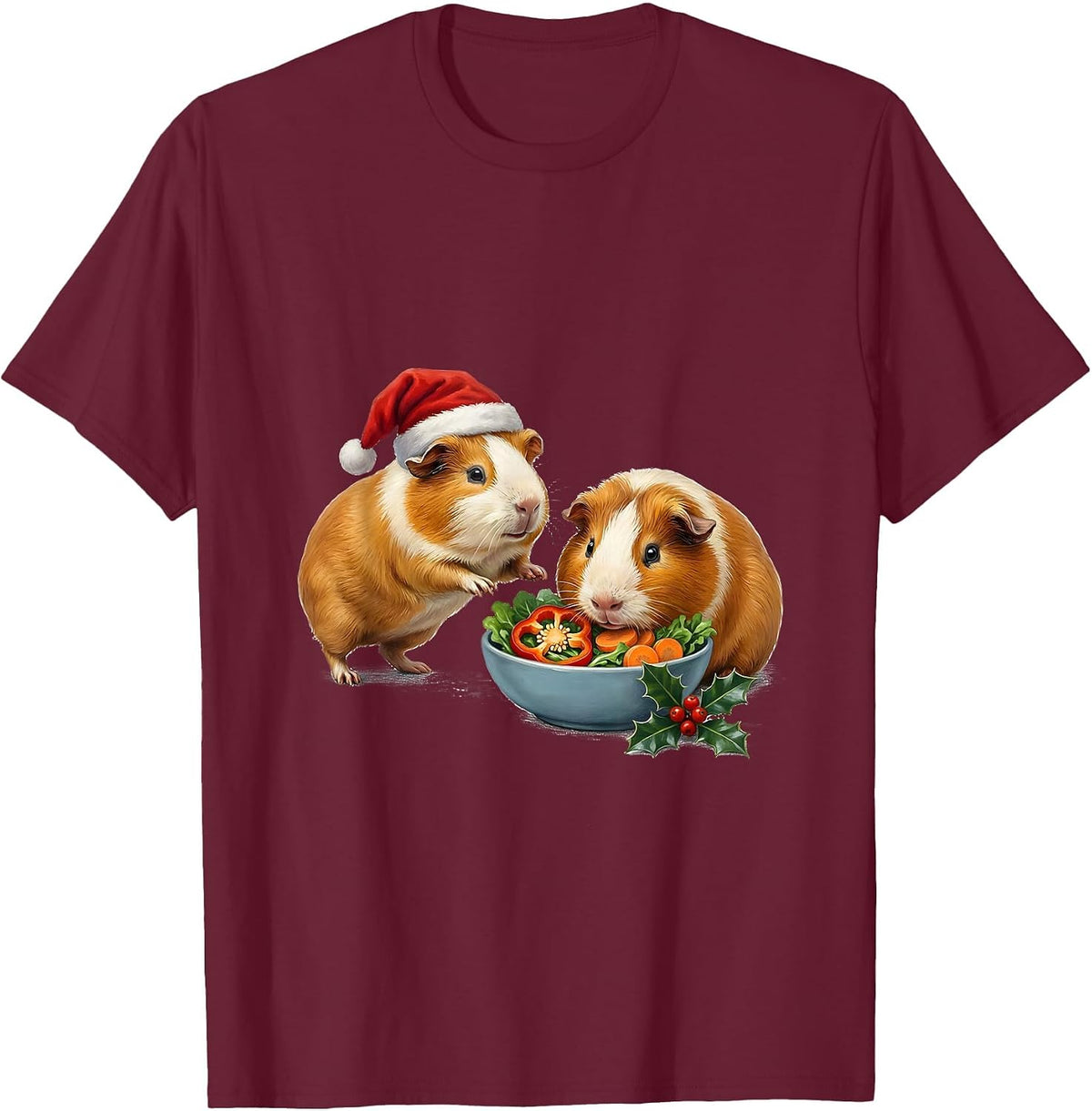 Men's Guinea Pig Santa Hat Holiday Humor Novelty T-Shirt - Burgundy