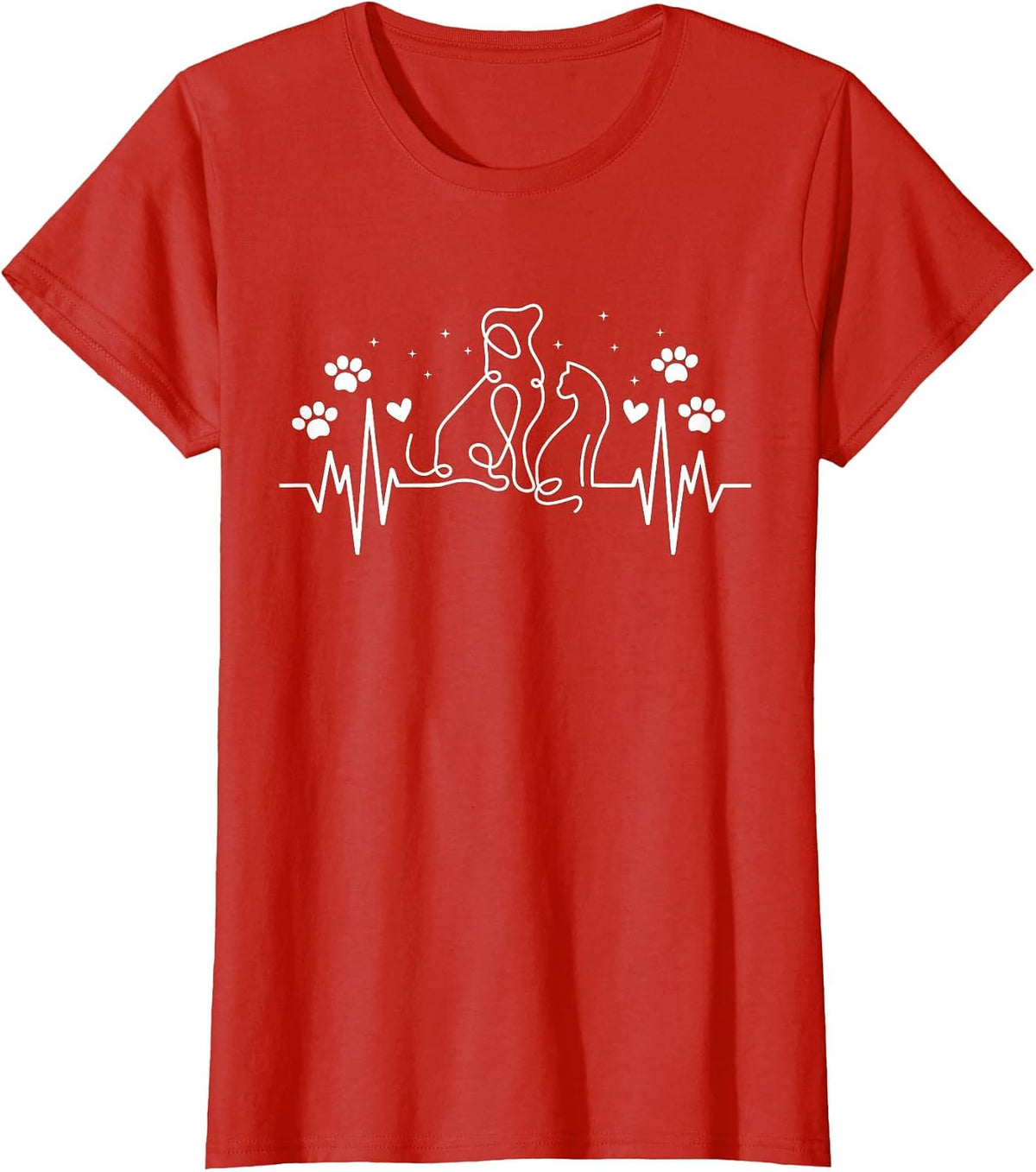 Line Art Veterinary Heartbeat Dog and Cat Lovers Vet Tech T-Shirt - Red