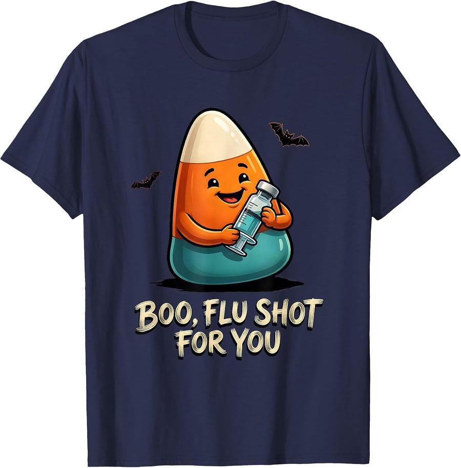 Boo Flu Shot For You Funny Nurse Halloween Healthcare Humor T-Shirt - Navy Blue