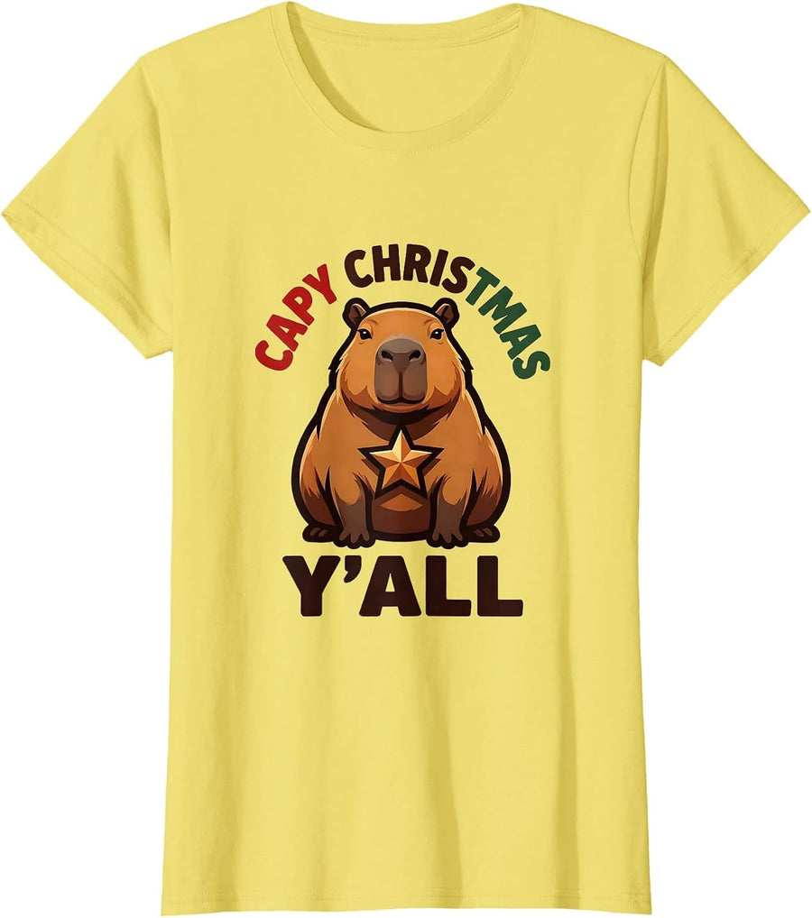Capy Christmas, Y'all Funny Capybara Animal Lover Family T-Shirt - Lemon Yellow